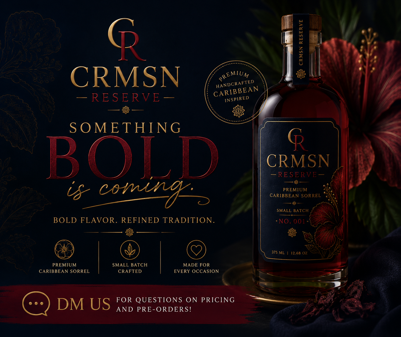 CRMSN Reserve launch artwork reading Something Bold is coming, in navy, crimson and gold.