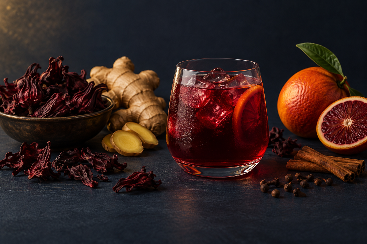 Illustrative still life of a crimson sorrel drink with hibiscus, citrus, ginger and spices on a navy surface.