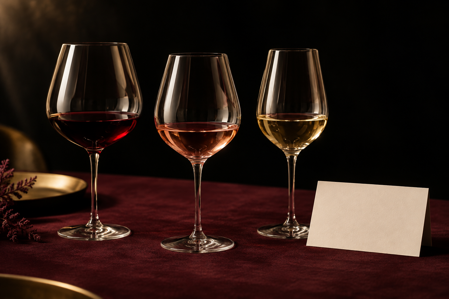 Illustrative wine-tasting still life with red, rosé and white wine beside a blank tasting card on a burgundy table.